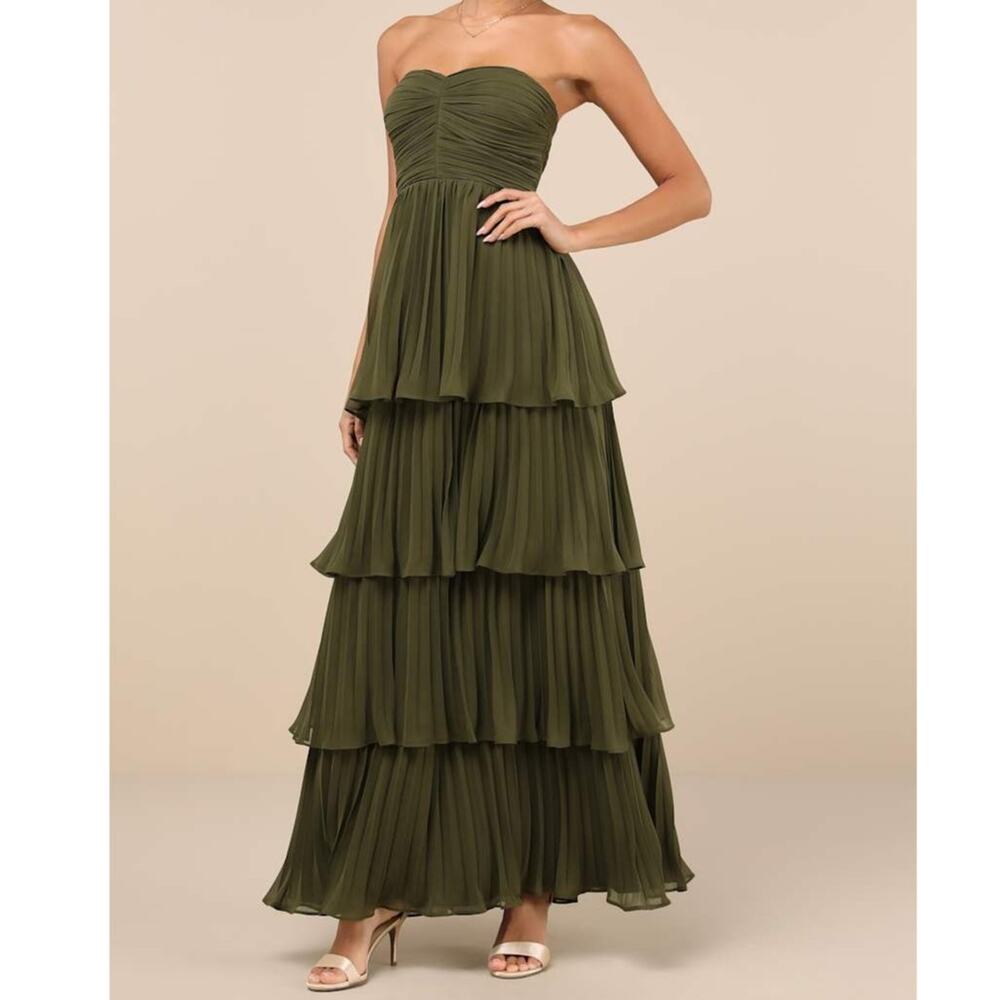 NEW Lulus Seriously Sensational Olive Green Strapless Tiered Maxi Dress XS